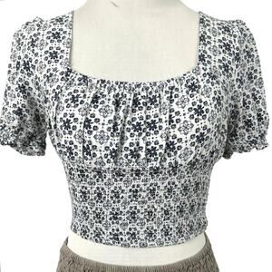 Love Tree Women Short Sleeve Milkmaid Crop Top Blue White Preppy Size Medium